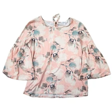 DOWNEAST Cottage Pink Floral Bellsleeve Tie 1/2 Zip Back Super Soft Stretchy S