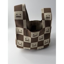 Checkered Smiley Face Knit Wristlet Tote Bag Hipster Indie Playful Modern Retro