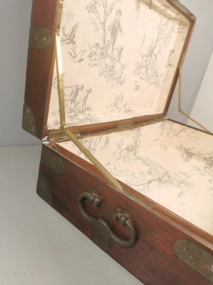 MALLE de Voyage en Laiton & BOIS ACAJOU Debut XXe Valise Transport Ancien P5 - Photo 3/4