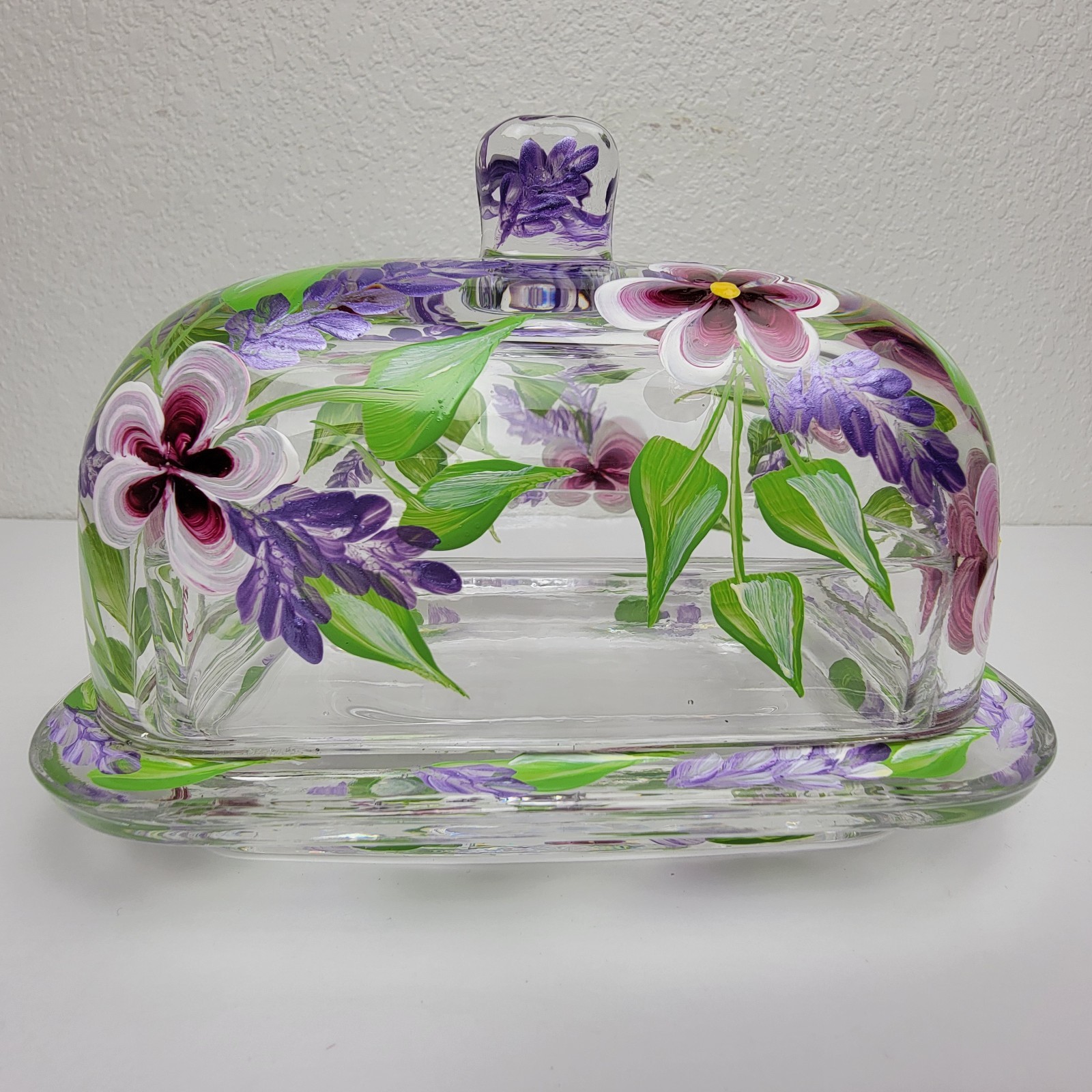 Hand Painted Glass Butter Dish Floral Design Pansies Country Kitchen Cottage Art