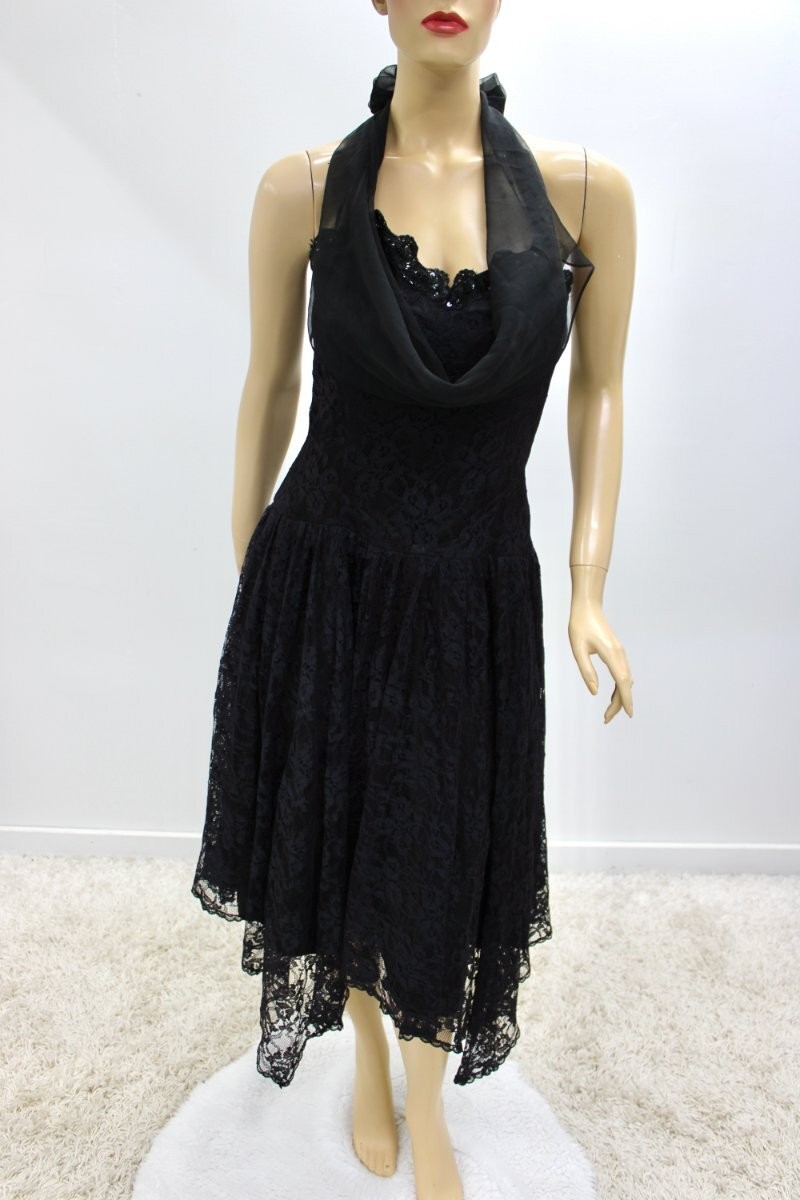 Vintage Gunne Sax Black Lace Dress Handkerchief Hem s…
