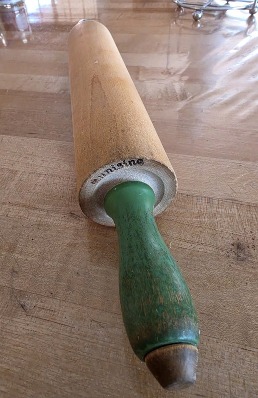 1940s Munising Birdseye Maple Wood Rolling Pin Green Handles Farmhouse 17” 
