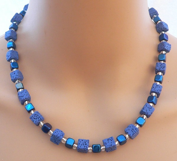 Kette Halskette WüRfel Lava HäMatit Glanz Facettiert Dunkelblau Royal Blau 113.-image