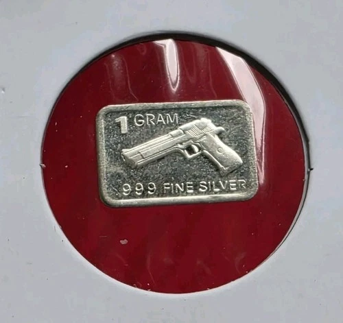 9mm Hand Gun - 1 Gram .999 Fine Pure Solid SILVER Bullion Mini Bar Coin Ingot