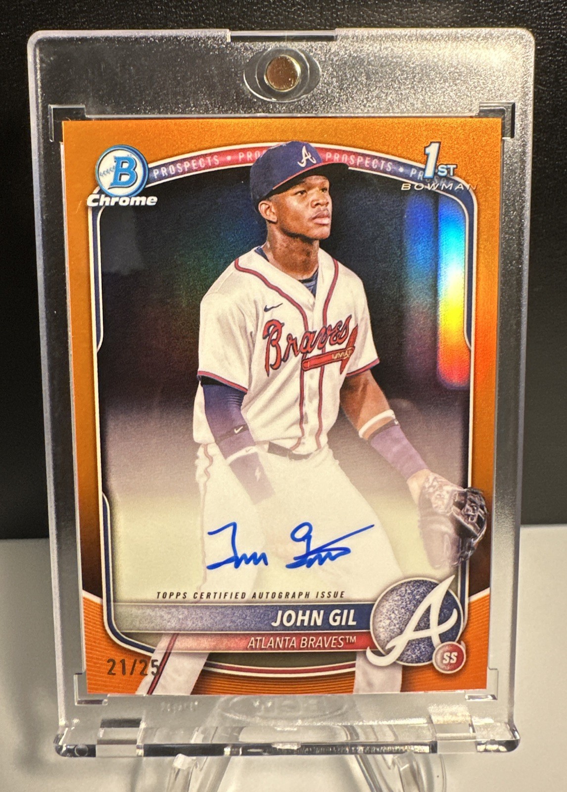2025 Bowman Chrome John Gil 1st Prospect True Orange Refractor Auto 21/25 #CPAJG