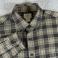 LL Bean Men’s Medium Beige Gray Plaid Flannel Long Sleeve Button Down Shirt