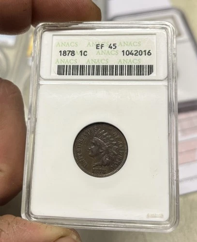1878 Indian Head Penny Cent Coin, ANACS EF45, Free Shipping, Better Date, (D)