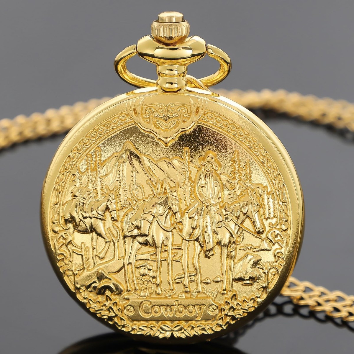 Vintage Pocket Watch Engraved Cowboy Arabic Numerals Quartz with