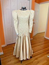 Vintage Wedding Dress Handmade Ivory Satin lace beads w/Train Circa 1960  s M/L
