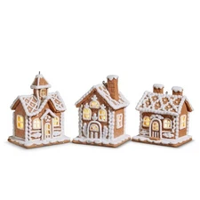 Raz Imports Lighted Gingerbread House Christmas Ornaments Set of 3 Brown