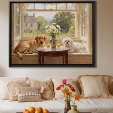 Labrador Framed Oil Painting Canvas Dog Artwork Living Room Decor Flower Vase