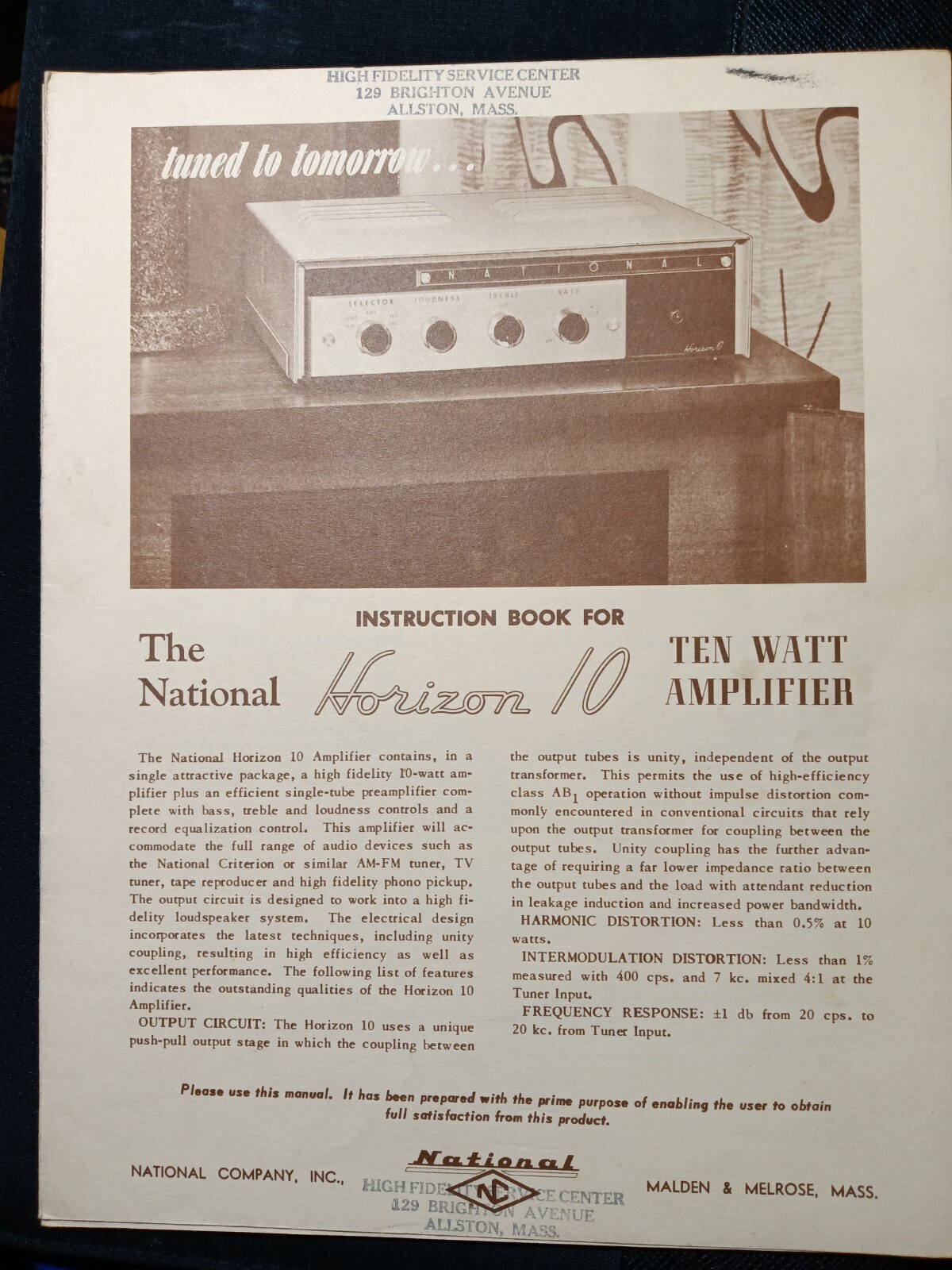 National Horizon 10 Amplifier Service Manual Original