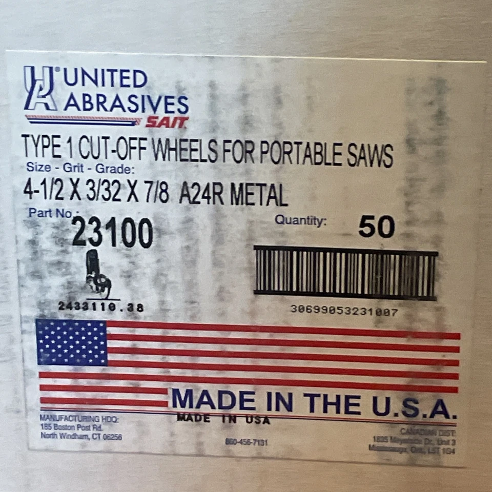 Rodas de corte de serra portátil United Abrasives 23100 4-1/2x3/32x7/8 A24R pacote com 50 - Imagem 2 de 2