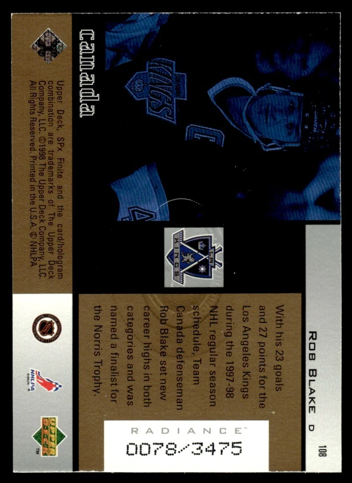 1998-99 SPx Finite Radiance Rob Blake /3475 Los Angeles Kings #108 - Image 2 of 2