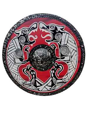 24'' Medieval Viking Shield | Red & Black Dragon Design | Round Norse Knight LARP