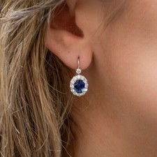 3CT OVAL CUT BLUE SAPPHIRE DROP  DANGLE EARRINGS 14K WHITE GOLD OVERLAB CREATED