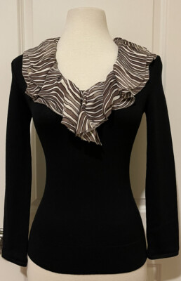 Tory Burch Black / Ruffled Neckline Long Sleeve Top/ Blouse- Sz XS~Beautiful~