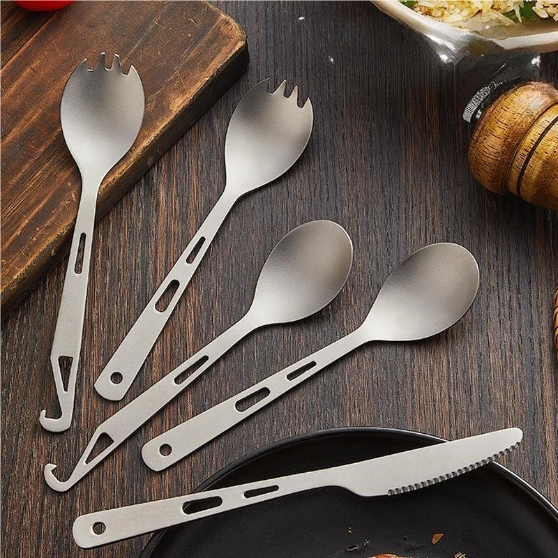 2PCS Pure Titanium Spoon Knife Spork Bottle Opener Camping Tableware Lightweight - Image 2 of 4