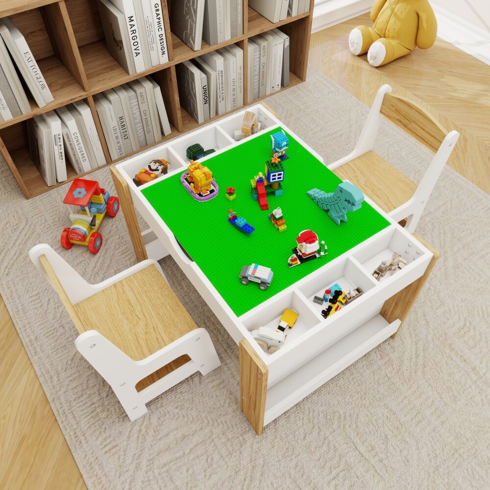 Kids White LEGO-Compatible Play Table with 2 Chairs & 7 Storage Bins