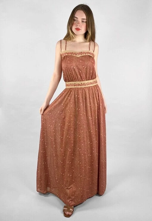 Pustza Vintage 70's Brown Floral Slip Ladies Maxi Dress Boho Folk Retro