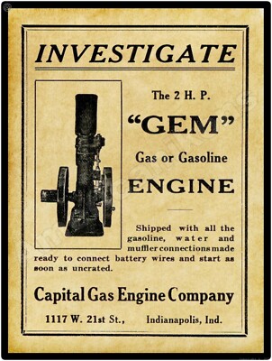 1911 Capital Gas Engine Co. GEM Engines New Metal Sign: LARGE SIZE 12 x 16