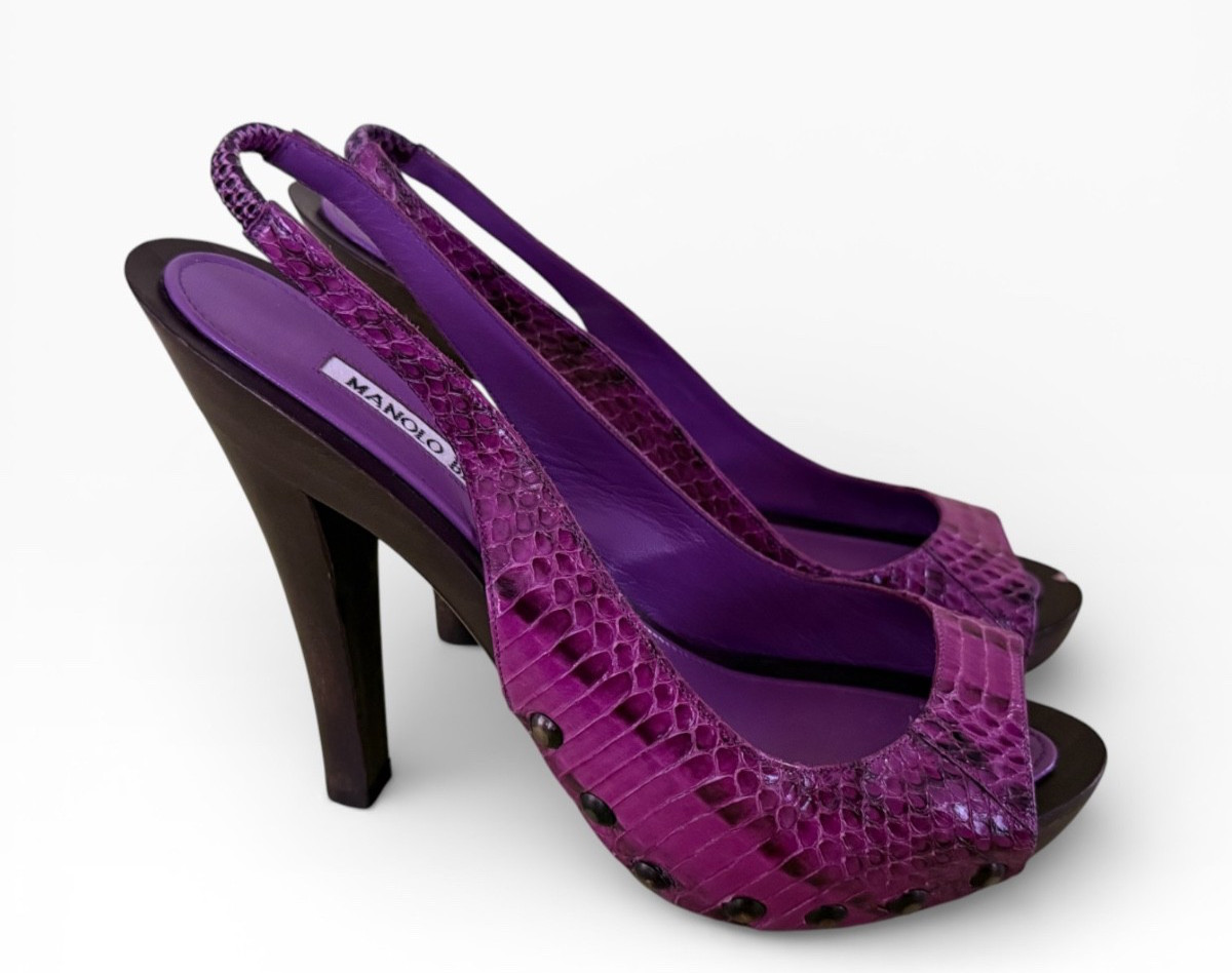Manolo Blahnik Python Snakeskin Platform Slingbac… - image 1