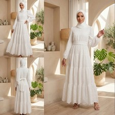 Muslim Modest Robe Women Kaftan Belted Long Sleeve Dress White Embroidery Abaya