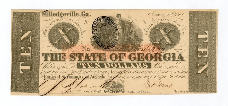 1862 Cr.4A $10 The State of GEORGIA Note - CIVIL WAR Era AU/UNC