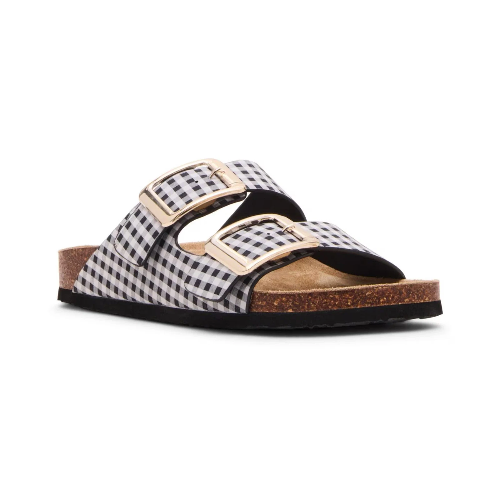Women's Madden Girl Bodie Buckle Footbed Slide Sandals Black/White Gingham