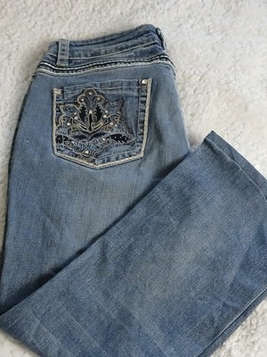 Y2K  Ethyl Jeans Damen 16 verziert Bootcut Mid-Low natürliche Taille blau Denim