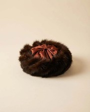 Vintage 1950s Mink Fur Hat Brown Fur Pillbox Hat Satin Bow Winter Hat Mid