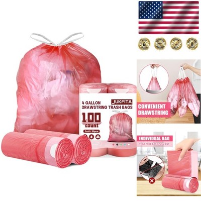 Durable 4 Gallon Red Drawstring Trash Bags - 100 Count, Waterproof and Tear-Free