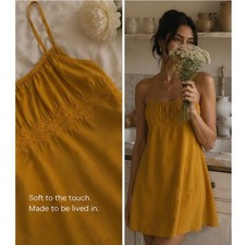 DÔEN Fleurie Silk Mini Slip Dress Goldenrod Yellow Lace Trim Size M NWT