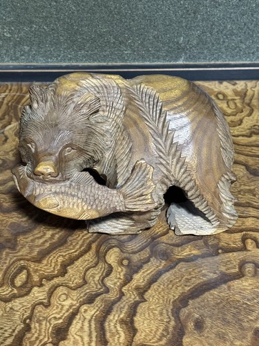 Vintage Hand Carved Wooden Bear with Salmon Hokkaido Japan Folk Art 20cm