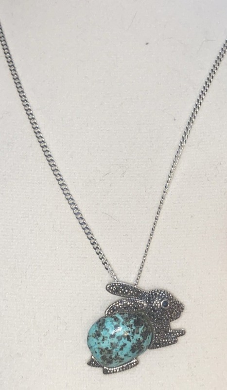 Sterling Silver Turquoise And Marcasite Bunny Pendant On 18” Sterling Chain
