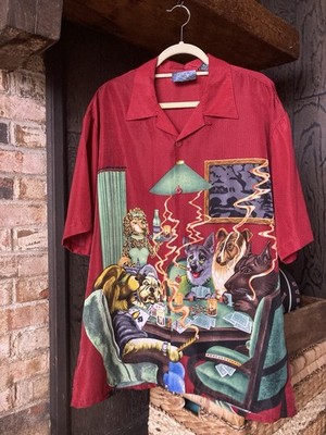 VTG Sapphire Lounge Dogs Playing Poker Smoking Cards Casino Button Shirt   XL