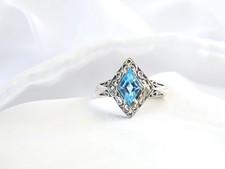 Vintage Sterling Silver 925 Heated Blue Topaz Filigree Dainty Ring Size 7.5