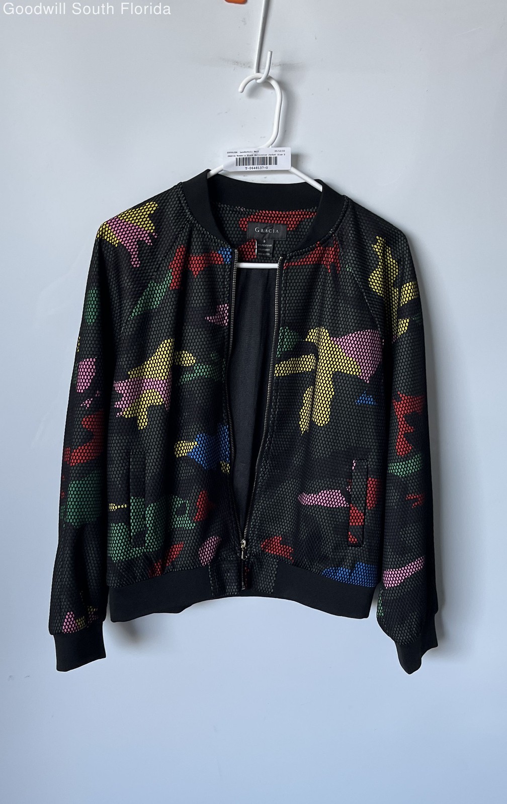 Gracia Womens Black Multicolor Camouflage Long Sleeve Full-Zip Bomber Jacket S