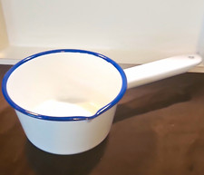 Vtg Falcon Style White Enamelware Milk Pan Saucepan Blue Rim 1.5 Qt 6" Diameter