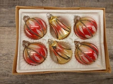 6 Vtg. Lanissa West Germany Stenciled Glitter Glass Bell/Ball Ornaments in Box