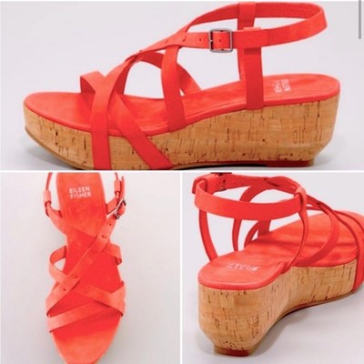 Eileen Fisher Array Platform Sandals Strappy Cork Wedge Coral Orange Size 11