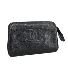 CHANEL COCO Mark Pouch Grained Calf Skin Black Gold CC Auth am7126