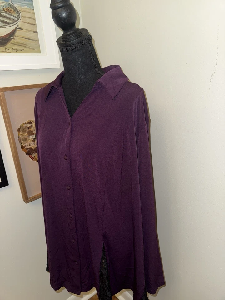 Blusa Susan Graver para mujer tejida líquida con botones ciruela púrpura encaje inferior 3XL Foto 2 de 4