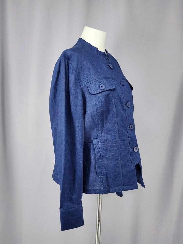 Chaqueta Coldwater Creek Mujer 16 Azul Lino Botón Frontal Utilitario Blazer Foto 2 de 4