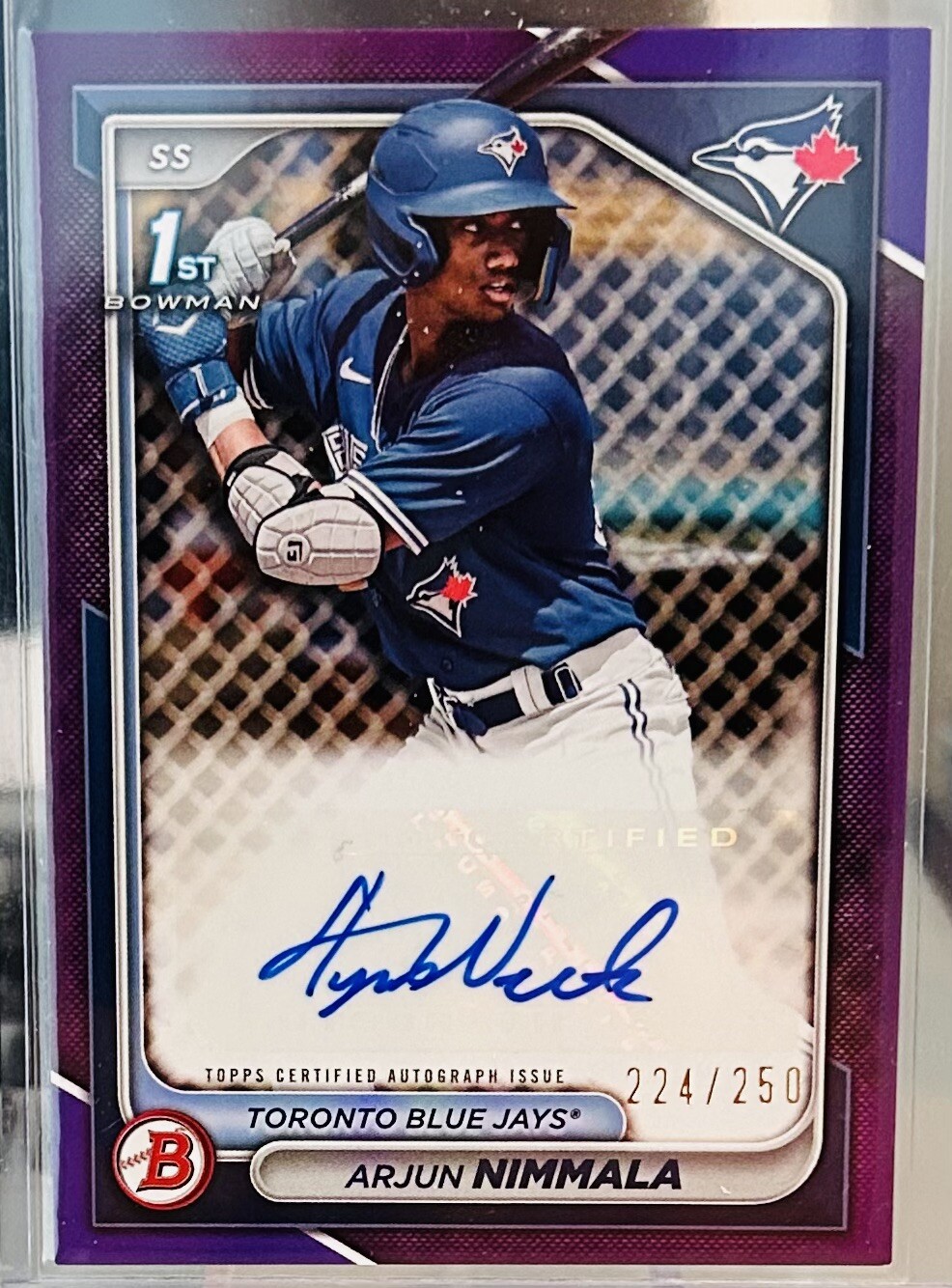 ARJUN NIMMALA AUTO 1st 2024 Bowman Chrome PURPLE REF/250 BLUE JAYS RC,PACK FRESH