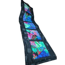 NEW Handmade Table Runner Black Gray with Bright Floral Blocks 33" x 10"