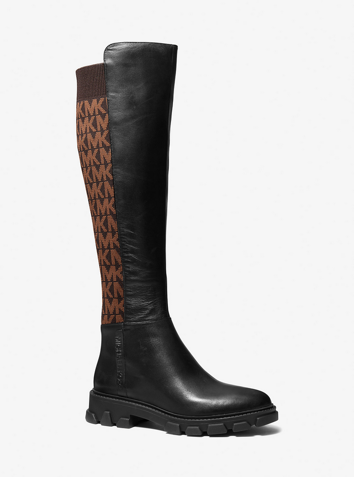 NEW MICHAEL KORS $275 BLACK BROWN LEATHER LOGO JACQUARD RIDLEY