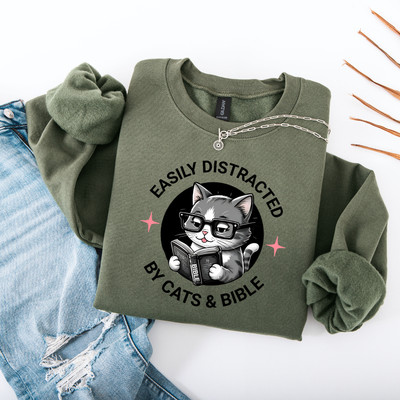 Easily Distracted by Cats & Books Sweatshirt | Christian Gift for Cat Moms Dads