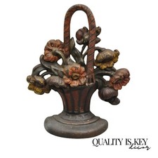 Antiguo Victoriano Rojo Hierro Fundido Figura Pintado Floral Ramo Cesta Tope de Puerta