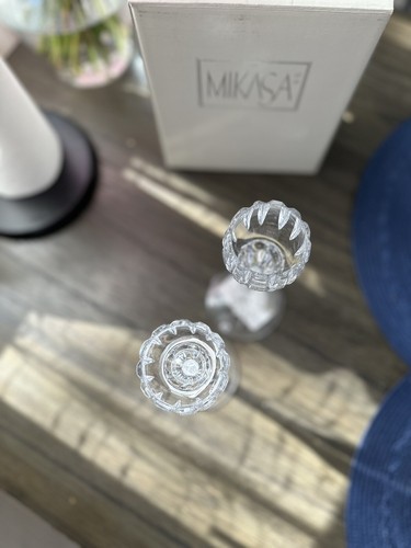 One Pair Of Mikasa Fancy Cut Crystal Candle Stick Holder. Approx. 7 7/8” Tall. - Picture 3 of 8